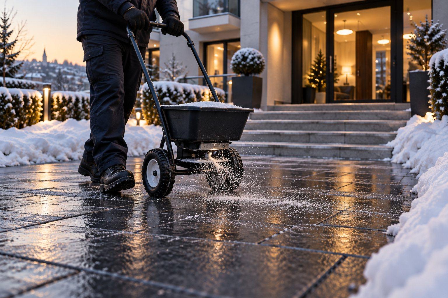 Salting the cleared forecourt of an apartment building in the early morning